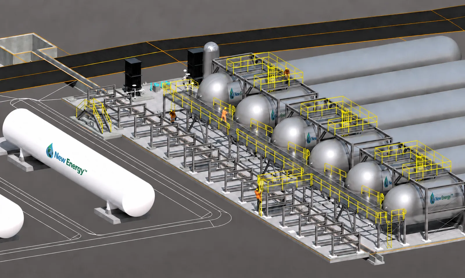 Rendering of a GreenER storage and pressurization system: a row of horizontal cryogenic bullet tanks with New Energy logos on a steel pipe rack with yellow handrails, a vaporizer skid, and a separate white storage tank in the foreground